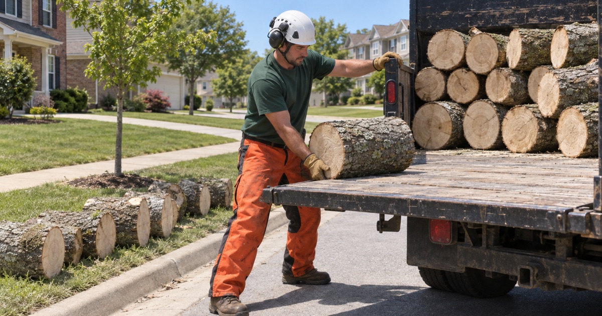 Worker loading white ash rounds onto the truck tailboard at an Olathe curbside, because the wood leaves with the crew.