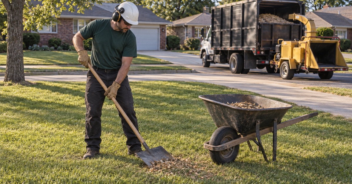 Worker scooping the last grindings off a Shawnee lawn with the truck waiting at the driveway mouth.