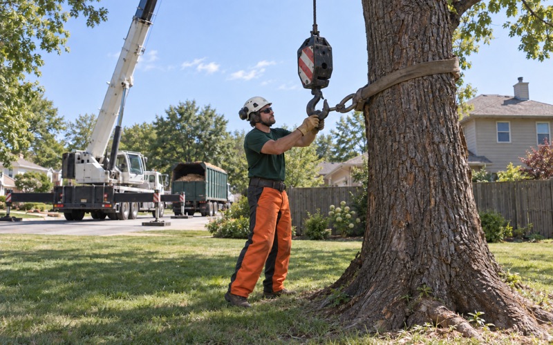 Worker guiding an empty crane hook block down to the choker set on a black walnut section in Shawnee.