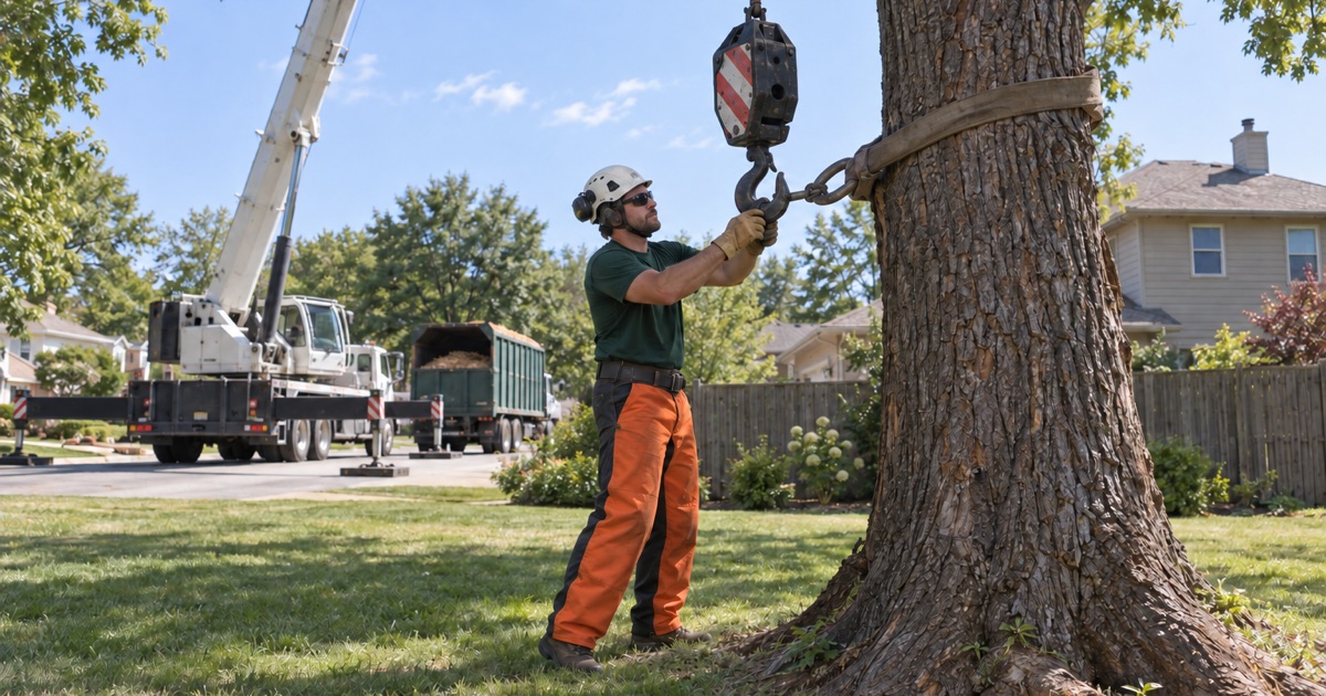 Worker guiding an empty crane hook block down to the choker set on a black walnut section in Shawnee.