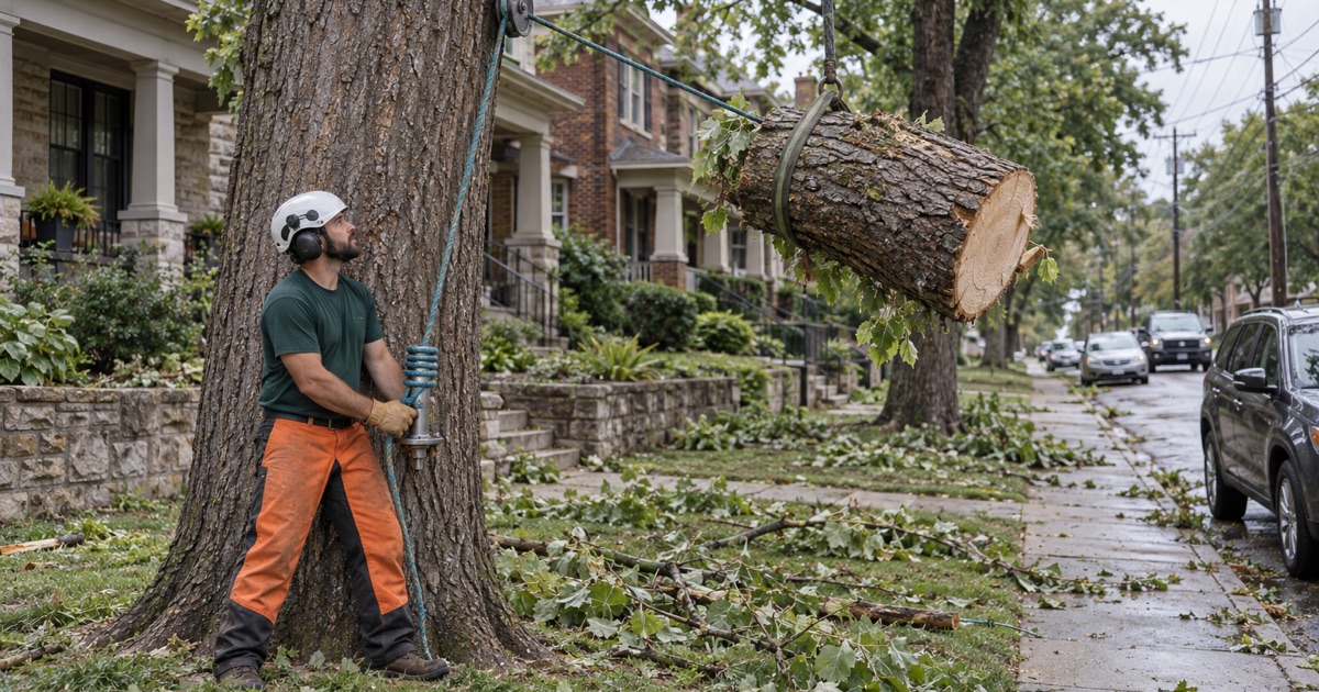 Ground worker with three wraps on the bollard, lowering an eastern cottonwood section on a Kansas City, Missouri street.