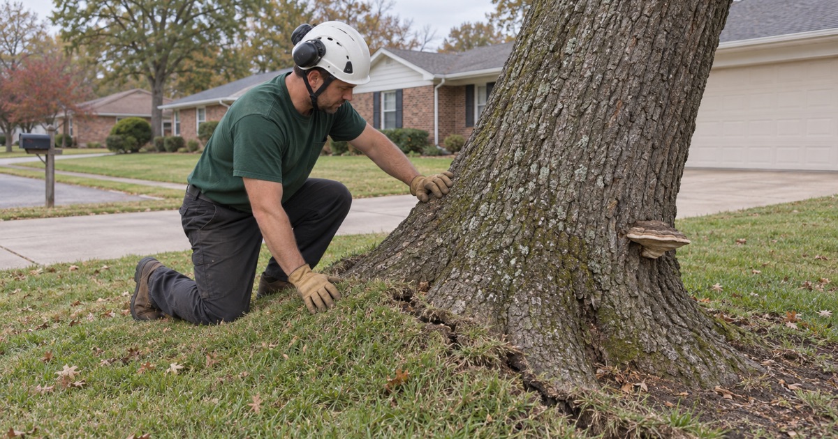 Worker crouched at the root flare of a leaning white oak in Shawnee, reading a bracket conk and the heaved soil behind it.
