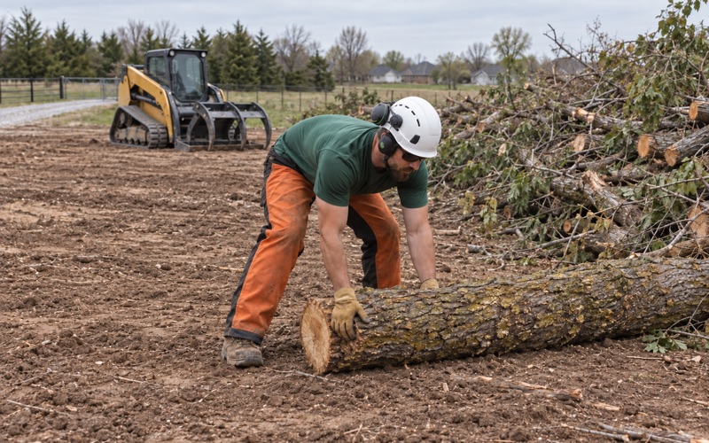 Worker rolling an Osage orange cull log onto a windrow on a cleared Shawnee lot.