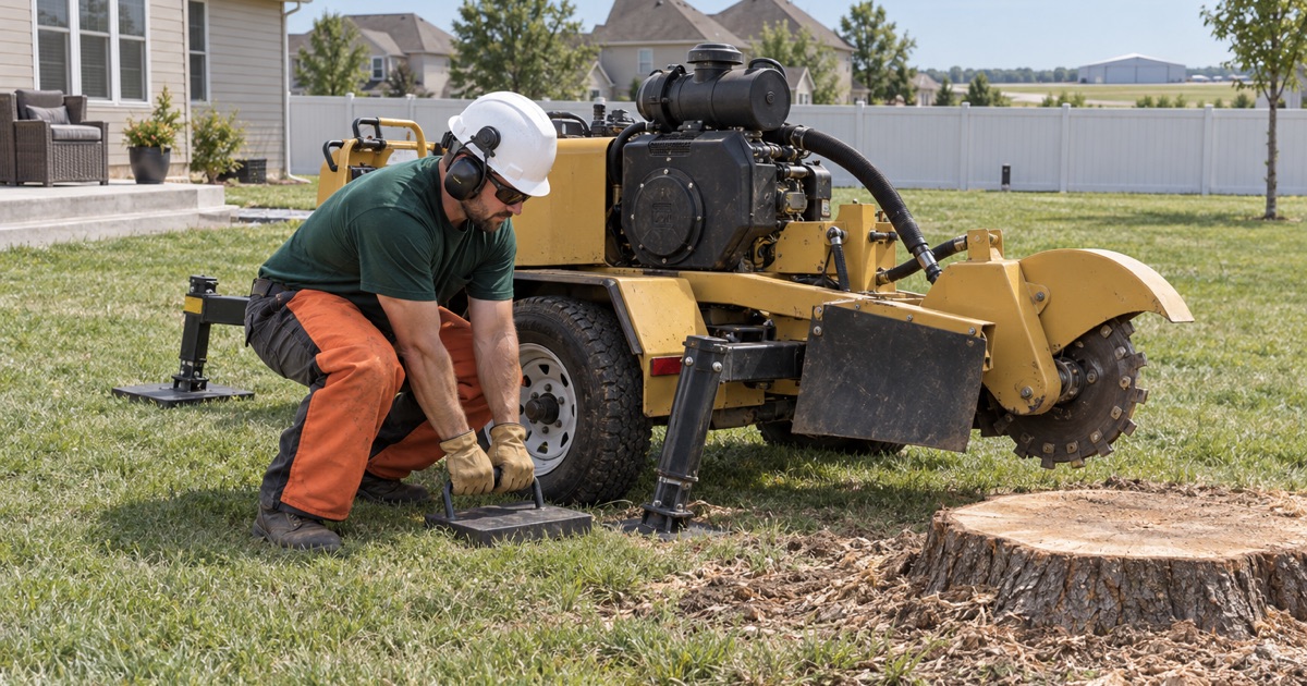 Worker setting the grinder’s outrigger pads on a graded Lee’s Summit lot before touching the red maple stump.