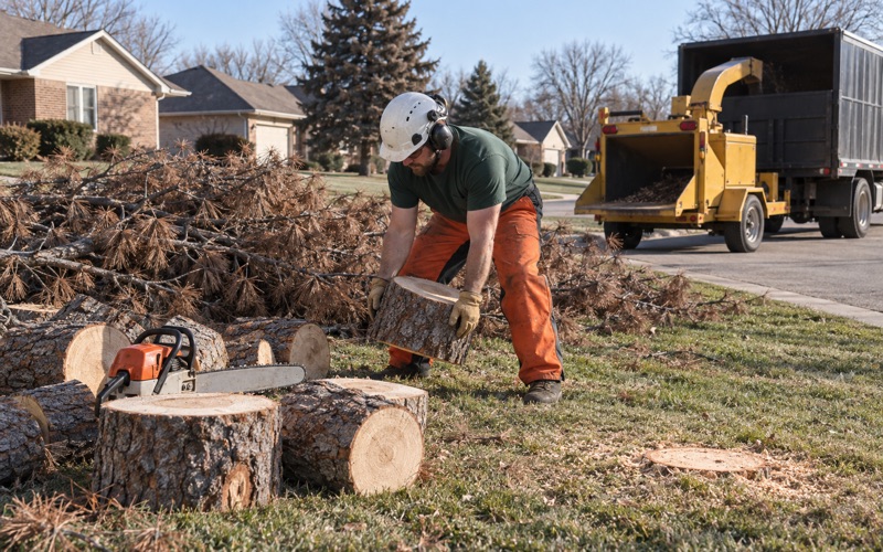 Worker lifting a cut round of dead Austrian pine to the chipper in a Shawnee yard after pine wilt.