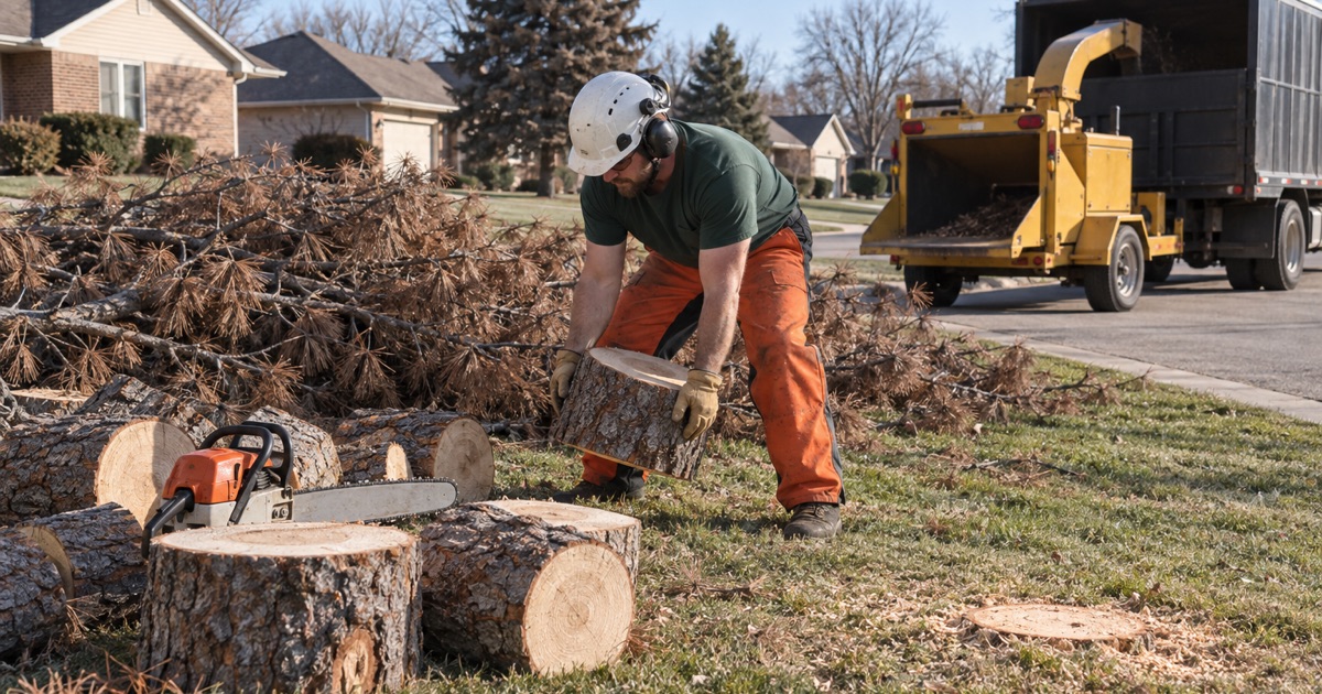 Worker lifting a cut round of dead Austrian pine to the chipper in a Shawnee yard after pine wilt.