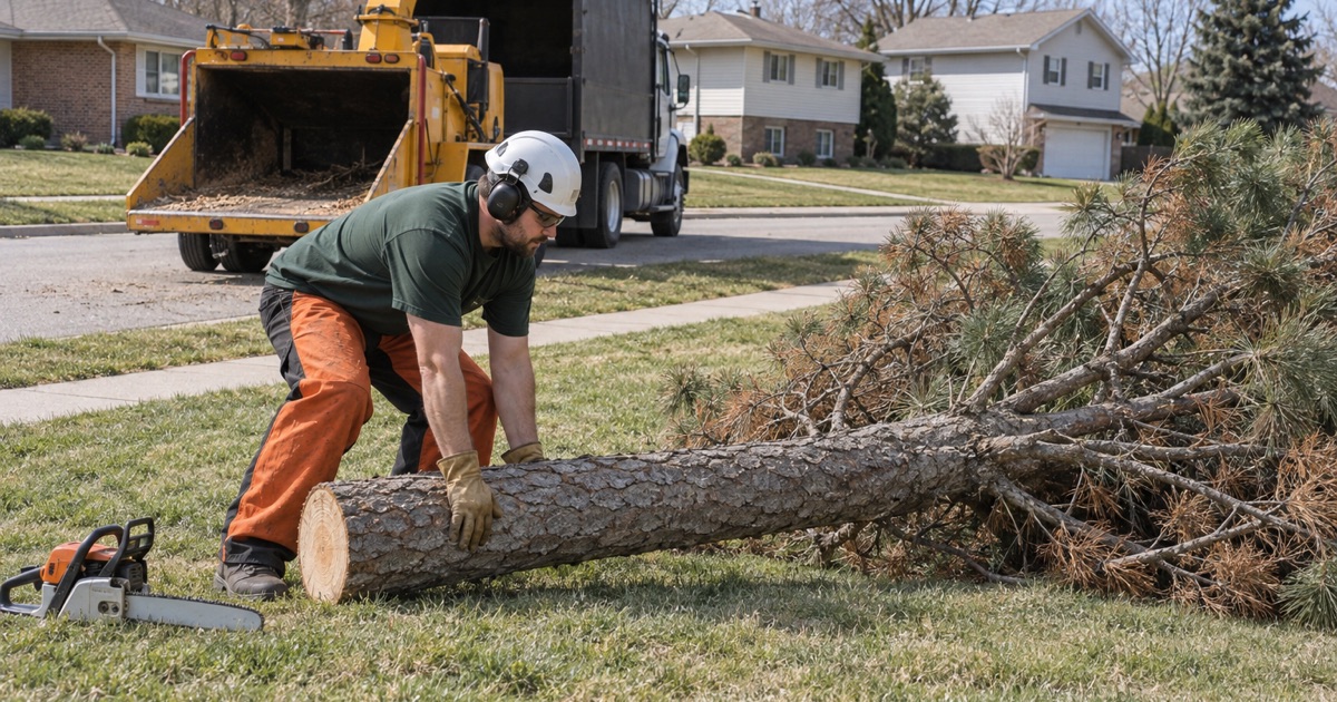 Worker steadying the trunk of a dead Austrian pine in Belton, cut to the ground with the wood going straight to the chipper.