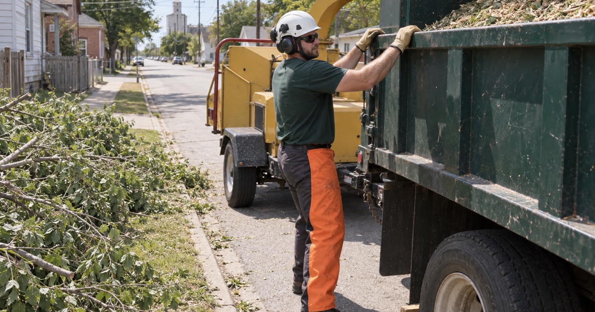 Worker at the chip box rail on a Bonner Springs street, the elm limbs carried out from the back of the lot.
