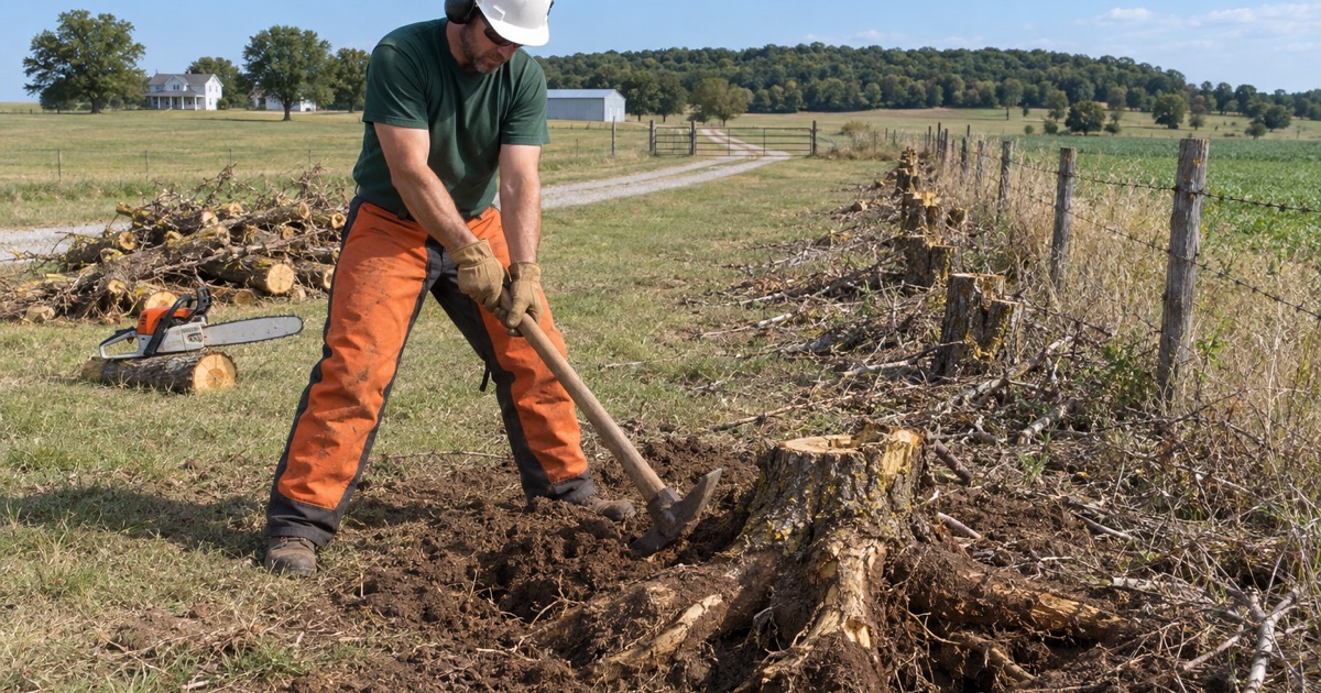 Worker grubbing out an Osage orange hedge row stump with a mattock on Miami County acreage at Bucyrus.