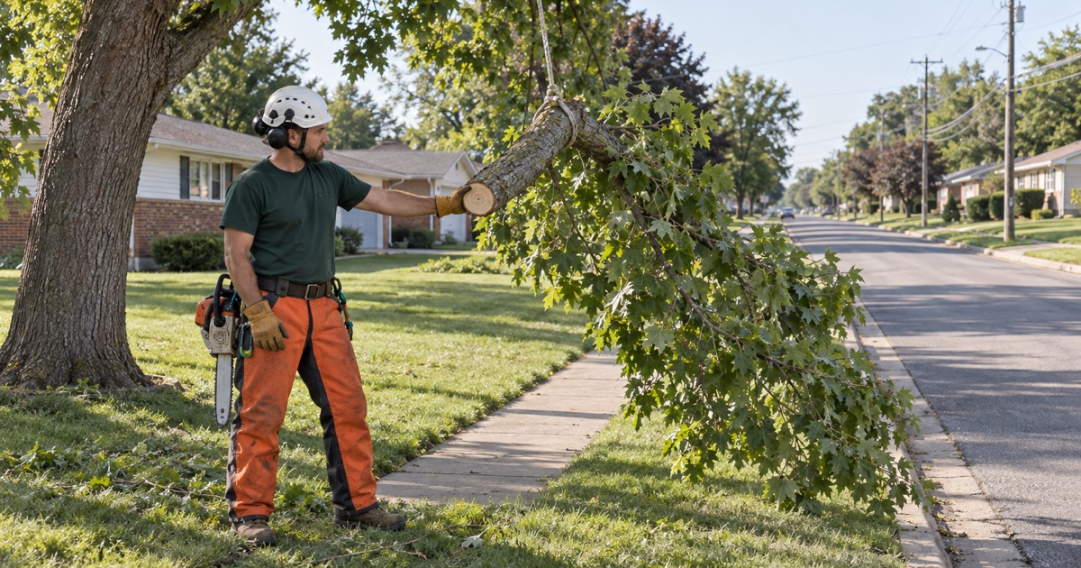 Worker guiding a cut Norway maple limb down over a Gladstone sidewalk to clear the street.