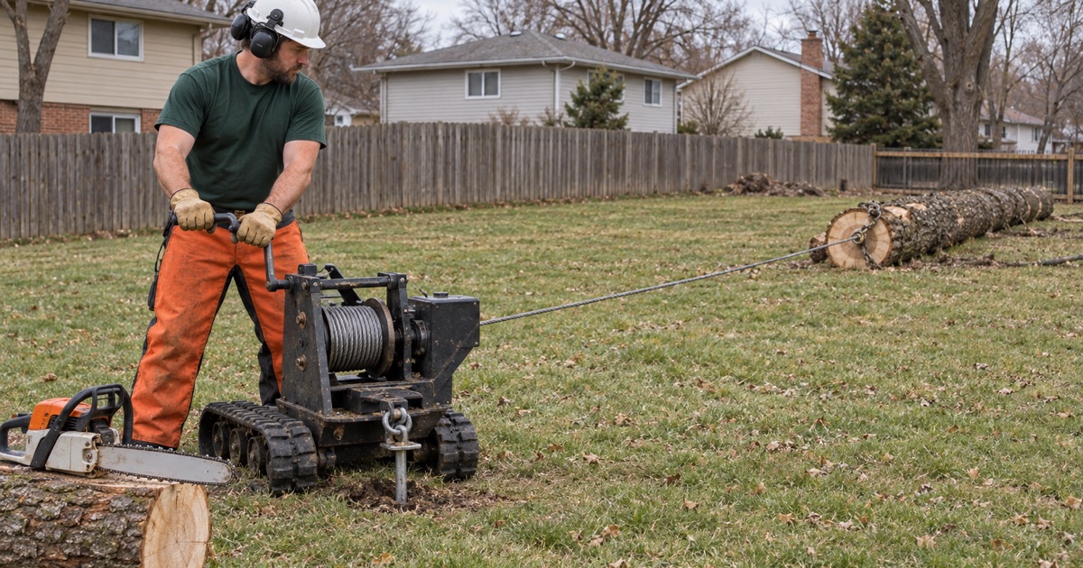 Worker at the winch drum on a Grandview lot, taking the strain on a black locust stem before it moves.