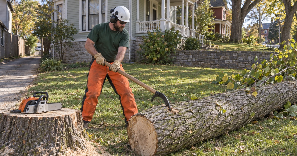 Worker rolling a felled catalpa stem with a cant hook in a historic Leavenworth yard.