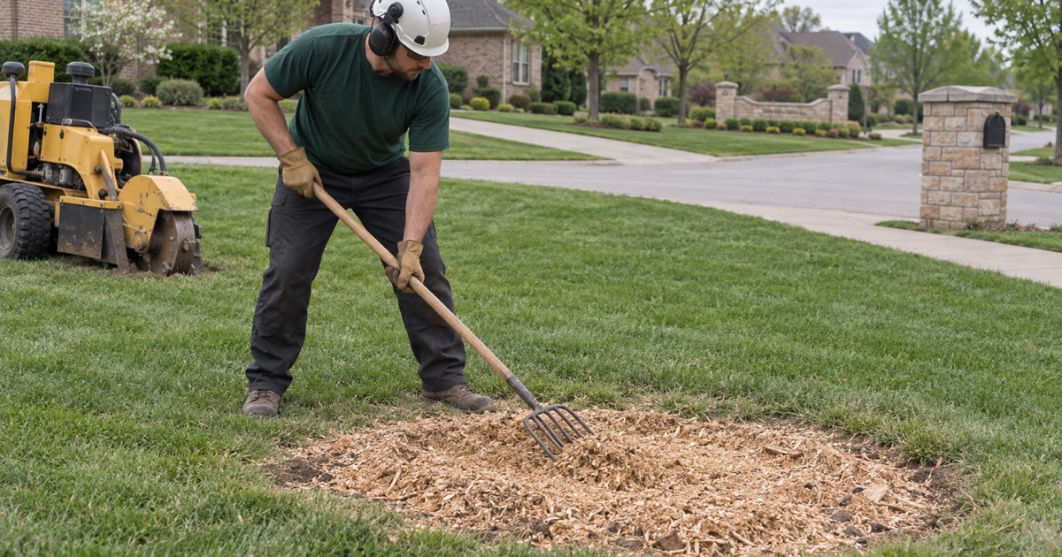 Worker crowning grindings back into a bur oak stump hole in Leawood, finishing it below grade.