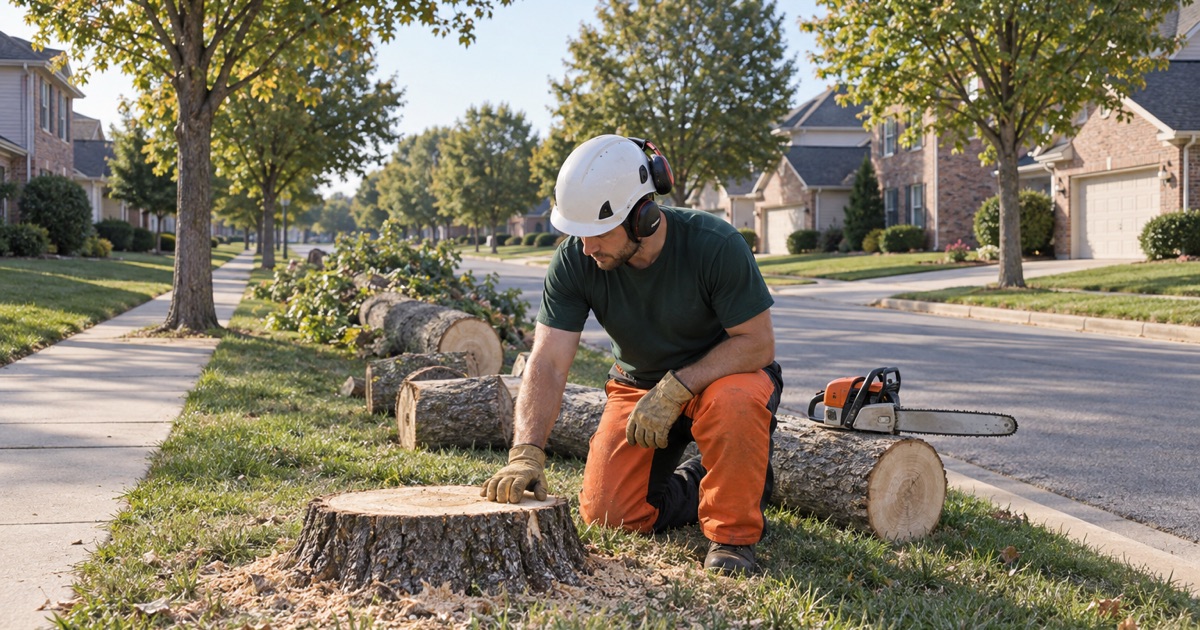 Worker with a hand on the rim of a freshly cut sugar maple stump in a Lenexa verge, one of a row of identical street trees.