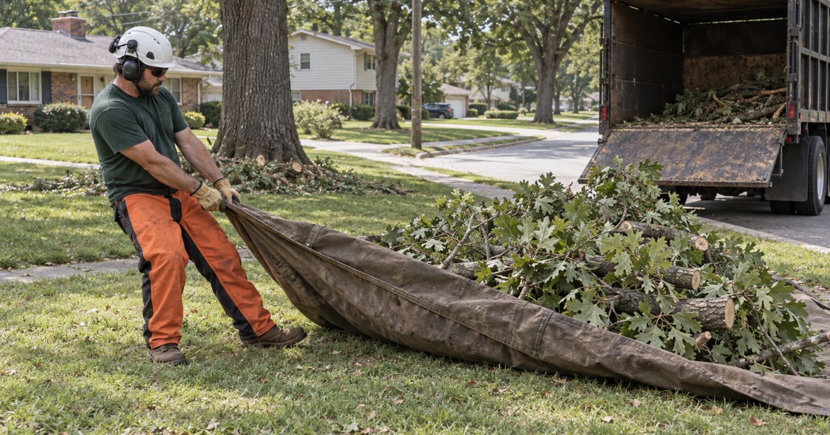 Worker dragging a tarp of cut post oak limbs across a Raytown yard to the truck at the street.