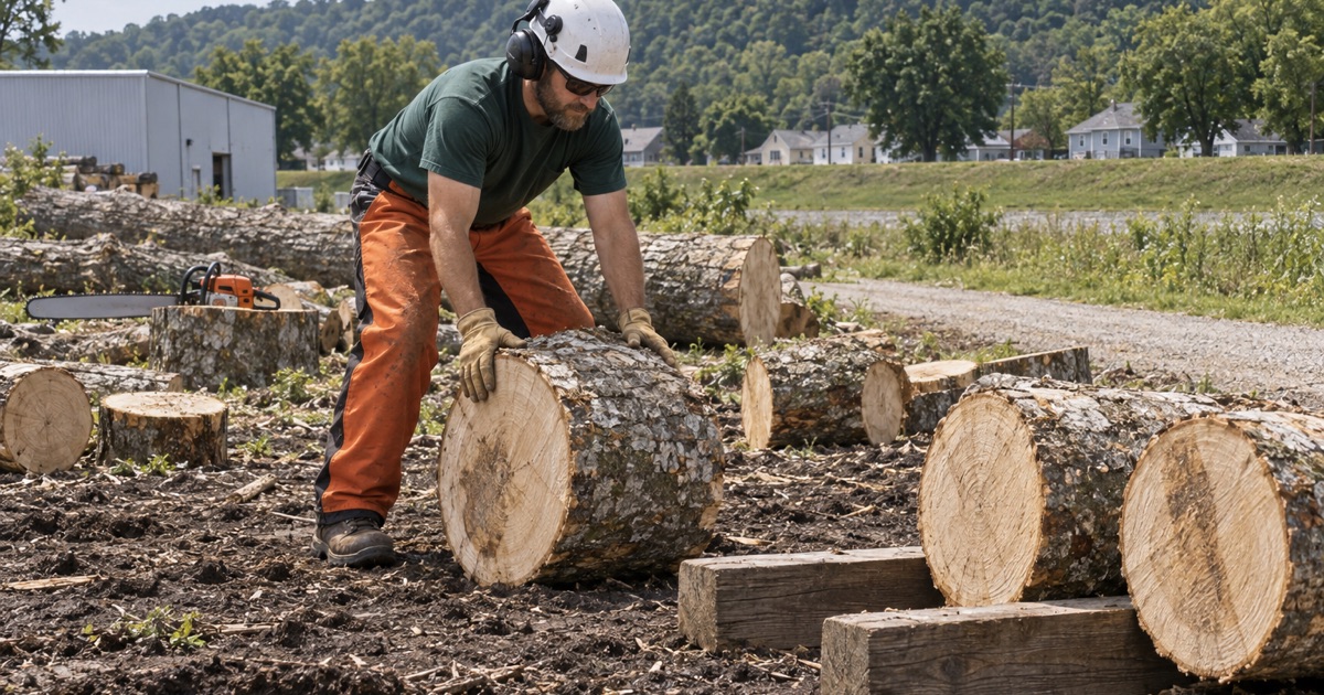 Worker rolling a silver maple round onto the bunk on flat Riverside bottomland below a wooded bluff.
