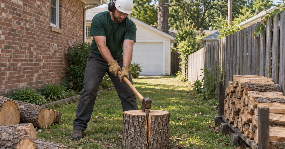 Worker splitting a white oak round in a Roeland Park back yard before carrying it out to the truck.