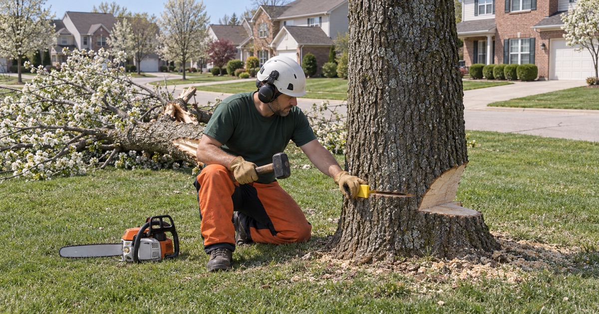 Worker driving a wedge behind the hinge on a split callery pear at a Spring Hill house.