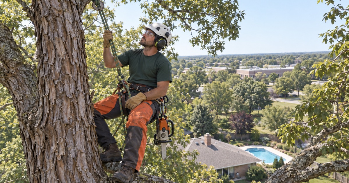 Climber with a hand on his climbing line high in a shagbark hickory in Overland Park.