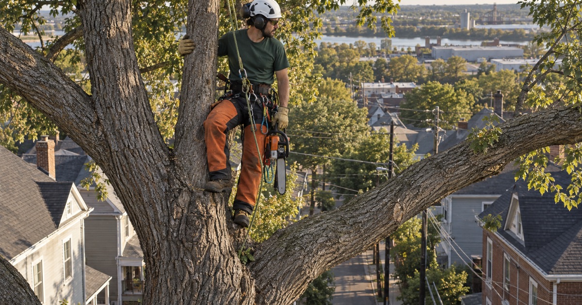 Climber on the spar of an American elm above a close-set Kansas City, Kansas street, setting a reduction cut.