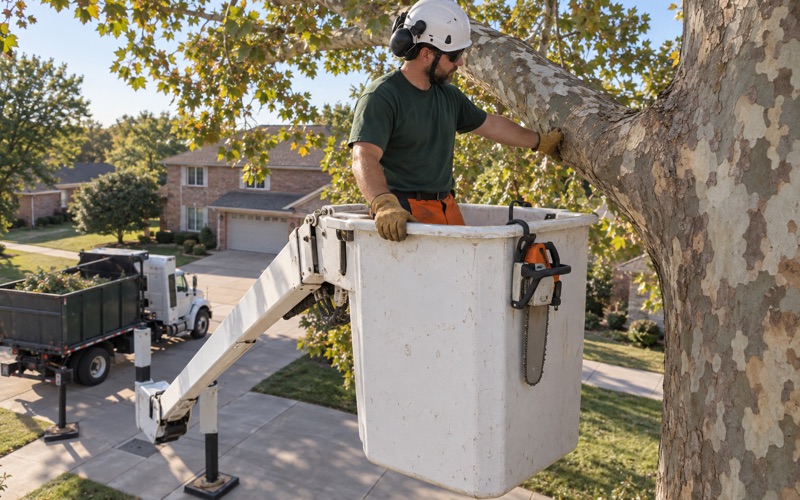 Worker bracing on the bucket rail while making a reduction cut at the branch collar of a sycamore over a Shawnee driveway.